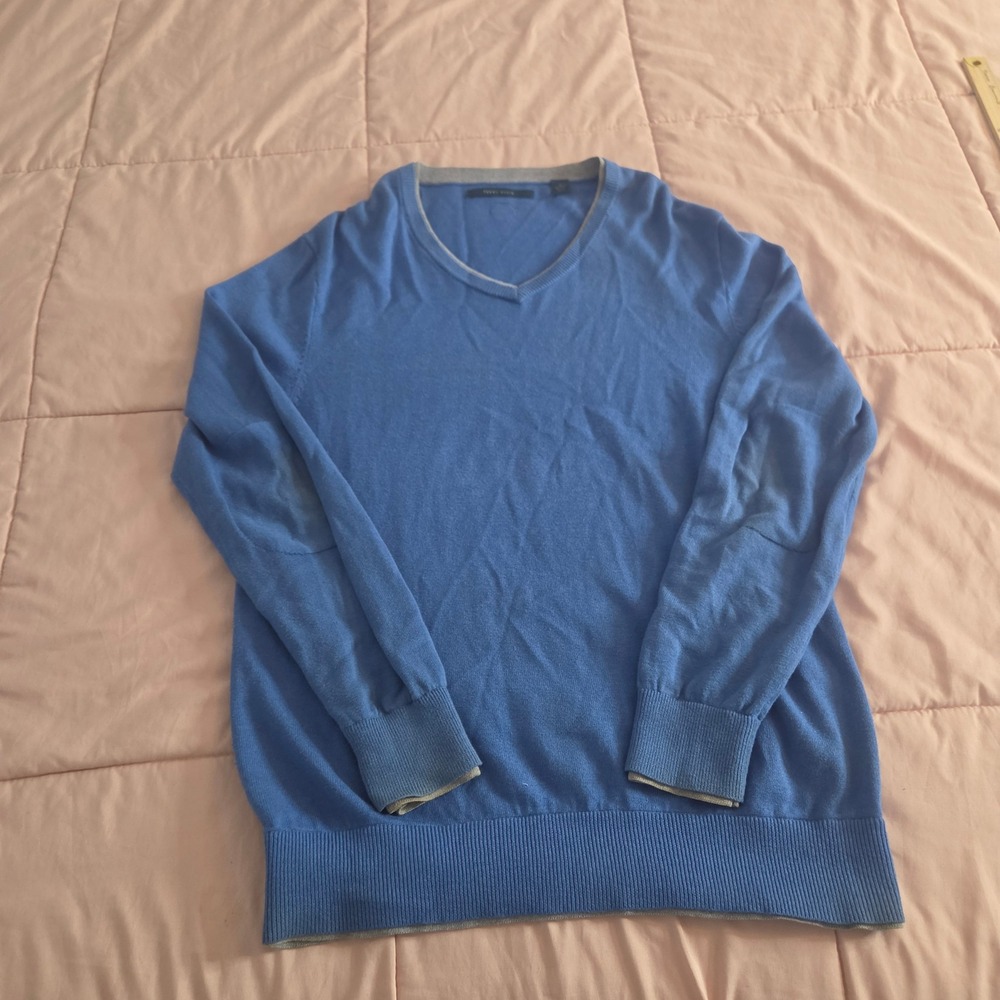 Perry Ellis Mens Blue V-Neck Sweater Cotton Wool Blend Elbow Patches Size M